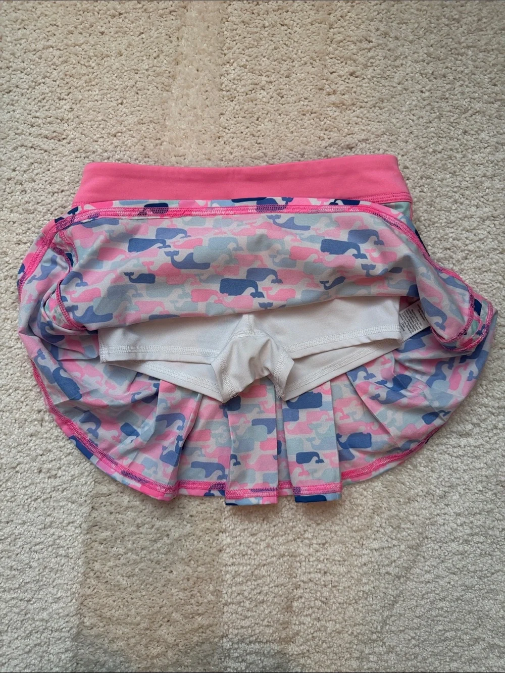 Vineyard Vines Girls Pink Navy and Light Blue Whale-Print Athletic Skort